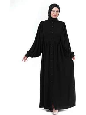 İhvan Online Siyah Hakim Yaka Düğmeli Karpuz Kol Tesettür Ferace 24351