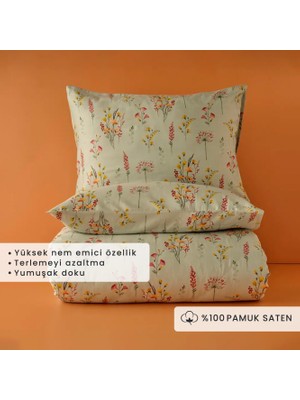 Bella Maison Pamuk Saten Flores King Size Nevresim Seti Açık Yeşil (240X220 Cm)