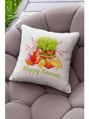 Woodhub Nevruz Temalı Happy Nowruz Yazılı Çimen Desenli Dijital Baskı Kırlent Yastık Kılıfı