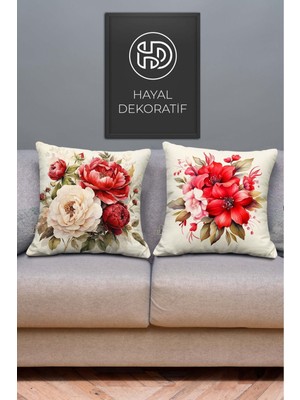 Woodhub Krem Zemin Kırmızı Çiçek Desenli Dijital Baskılı 2li Kırlent Yastık Kılıfı Seti