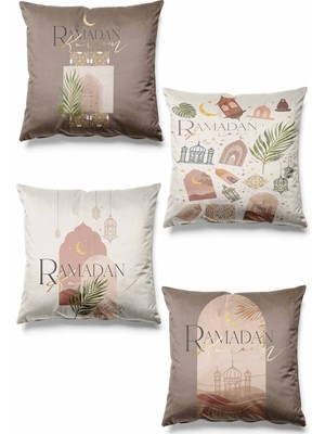 Woodhub Çift Tarafı Baskılı Ramazan Beige Desenli 4'lü Set Süet Kırlent Kılıf Ramadan Kareem