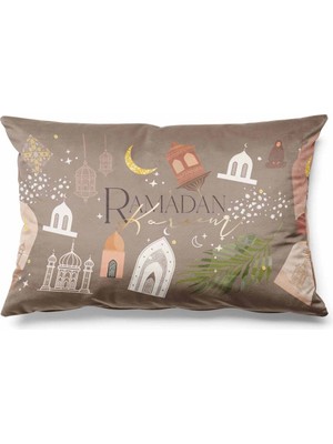 Woodhub Dikdörtgen Ramazan Beige Desenli Çift Tarafı Baskılı Süet Kırlent Kılıfı Ramadan Kareem