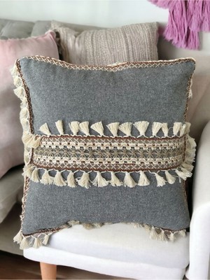 Woodhub Antrasit Şeritli Ponponlu Kırlent Kırlent Kılıfı(43x43)