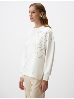 Jimmy Key Ekru Floral Desenli Bisiklet Yaka Örme Sweatshirt