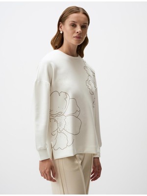 Jimmy Key Ekru Floral Desenli Bisiklet Yaka Örme Sweatshirt