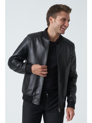 White Stone Slim Fit Kolej Kuzu Derisi Mont Siyah Erkek 5006 Model Uzun Kol Düz Desen