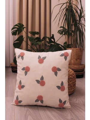 Woodhub Özel Tasarım Gerçek Panç Punch Desen Çiçekli Kırlent Kılıfı Bej