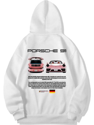 Brz Collection Unisex Oversize Porsche 911 Hoodie Beyaz