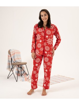 Estiva Kartanesi Desen Önden Düğmeli Süet Bayan Pijama Takım