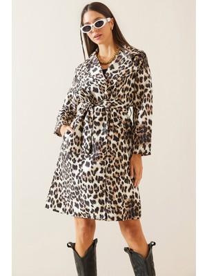 Xhan Kahverengi Leopar Desenli Kuşaklı Midi Trençkot 5KXK4-48962-18