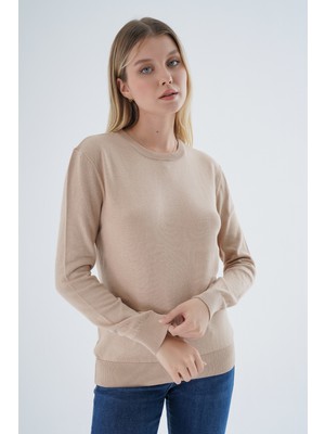 Trist Star Kadın Bej Organik Pamuk Bisiklet Yaka Triko Kazak TRIST-6101