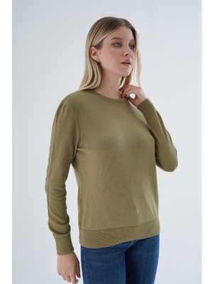 Trist Star Kadın Olive %100 Organik Pamuk Bisiklet Yaka Triko Kazak TRIST-6101