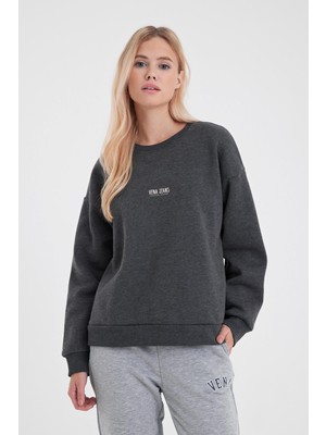 Kadın Cindy Antrasit Logo Baskılı Bisiklet Yaka Şardonlu Sweatshirt