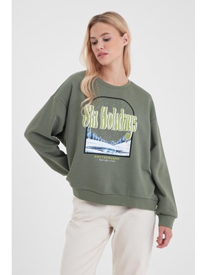 Kadın Holiday Haki Baskılı Sweatshirt
