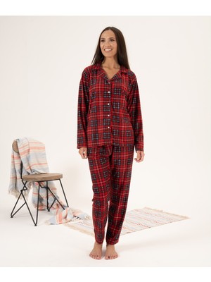 Estiva Kareli Desen Önden Düğmeli Süet Kadın Pijama Takım