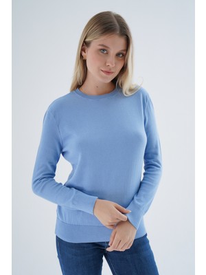 Trist Star Kadın Mavi %100 Organik Pamuk Bisiklet Yaka Triko Kazak TRIST-6101