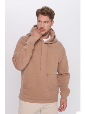 Tudors Oversize Geniş Kesim Pamuklu Yumuşak Dokulu Içi Polarlı Basic Vizon Renk Kapüşonlu Sweatshirt