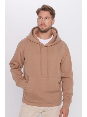 Tudors Oversize Geniş Kesim Pamuklu Yumuşak Dokulu Içi Polarlı Basic Vizon Renk Kapüşonlu Sweatshirt