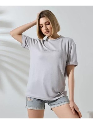 Pileli Store Unisex Bisiklet Yaka Baskılı Slim Fit T-Shirt - Boyalı Gri