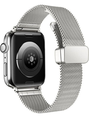 AktarMobile Apple Watch 10 / 11 42 mm Uyumlu Hasır Metal Kordon Magnetik D Tokalı Tel Örgü Kayış Mıknatıslı Toka