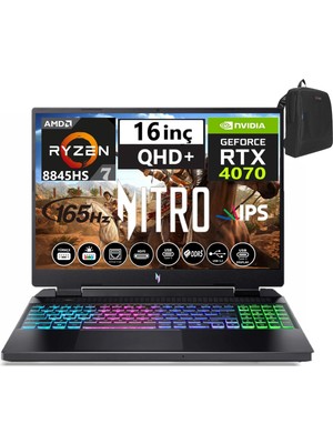 Acer Nitro V16 ANV16-42 Amd R7 8845HS Aı 64GB Ddr5 512GB SSD 8GB/RTX4070 WINDOWS11HOME 16" 165Hz Wqxga IPS Taşınabilir Bilgisayar WNHQSLEY00133+WEBLEGELSINÇANTA