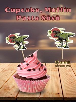 My Design Dinozor T-Rex Doğum Günü Pasta Kürdanı, 12 Adet Cupcake Süsü