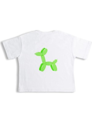 Plant Mini Kids Dog Balloon Baskılı Bisiklet Yaka %100 Organik Pamuk T-Shirt Beyaz