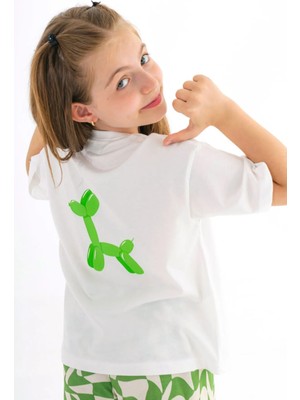 Plant Mini Kids Dog Balloon Baskılı Bisiklet Yaka %100 Organik Pamuk T-Shirt Beyaz