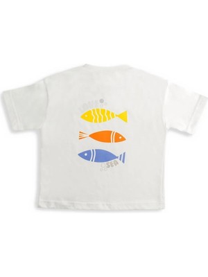 Plant Mini Kids Love Sea Baskılı, Balık Figürlü Bisiklet Yaka %100 Organik Pamuk T-Shirt Beyaz