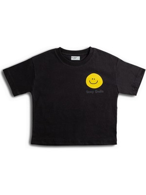 Plant Mini Kids Smile Baskılı Bisiklet Yaka %100 Organik Pamuk T-Shirt Siyah