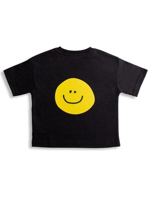 Plant Mini Kids Smile Baskılı Bisiklet Yaka %100 Organik Pamuk T-Shirt Siyah