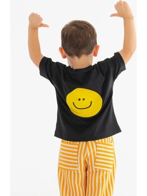 Plant Mini Kids Smile Baskılı Bisiklet Yaka %100 Organik Pamuk T-Shirt Siyah