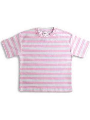 Plant Mini Kids Pink Dream Yarım Kollu %100 Pamuk Bisiklet Pembe Yaka Çizgili Çocuk T-Shirt