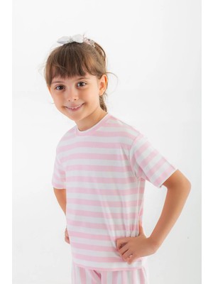 Plant Mini Kids Pink Dream Yarım Kollu %100 Pamuk Bisiklet Pembe Yaka Çizgili Çocuk T-Shirt