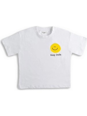 Plant Mini Kids Smile Baskılı Bisiklet Yaka %100 Organik Pamuk T-Shirt Beyaz