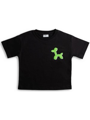 Plant Mini Kids Dog Balloon Baskılı Bisiklet Yaka %100 Organik Pamuk T-Shirt Siyah