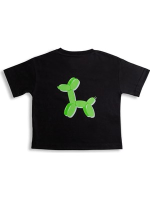 Plant Mini Kids Dog Balloon Baskılı Bisiklet Yaka %100 Organik Pamuk T-Shirt Siyah