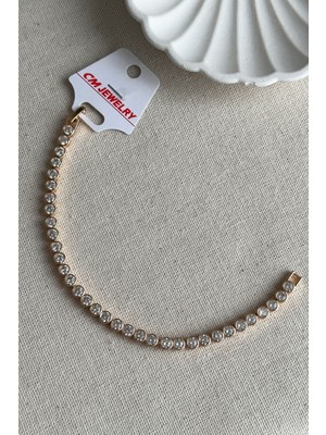 Caprea Pirinç 17 cm cm Jewelry Sıralı Yuvarlak Taşlı Kadın Bileklik Kararmaz Kadın Bileklik