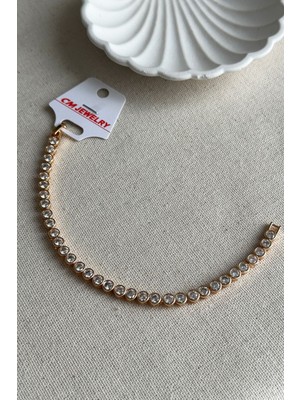 Caprea Pirinç 17 cm cm Jewelry Sıralı Yuvarlak Taşlı Kadın Bileklik Kararmaz Kadın Bileklik