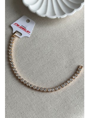 Caprea Pirinç 17 cm cm Jewelry Sıralı Yuvarlak Taşlı Kadın Bileklik Kararmaz Kadın Bileklik