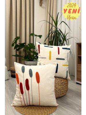 Woodhub 2'Li Set Özel Tasarım Gerçek Punch Panç Desen Bohem Kırlent Kılıfı Bej