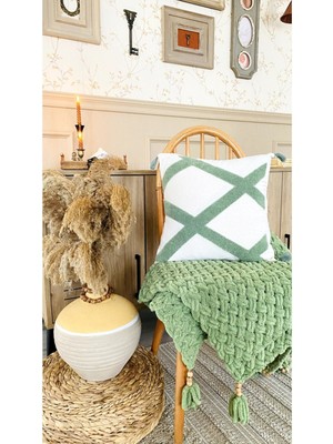 Woodhub Buldan Yıkanmış Keten Punch Panç Nakışlı Dekoratif Yastık Kırlent Kılıfı 43x43
