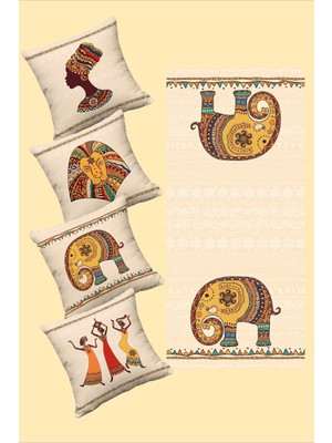 Woodhub Afrika Temalı Fil Kadın Ve Aslan Figürlü 4'Lü Kırlent Kılıfı Ve Runner Seti