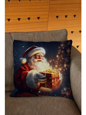 Woodhub Yılbaşı Temalı Noel Baba Ve  Kutusu Figürlü Kırmızı Sarı Renkli Dijital Baskılı Kırlent Kılıf
