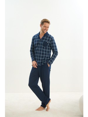Erkek Uzun Kol Gömlek Yaka Önden Düğmeli Lacivert Pijama Takım C9T1N5O9
