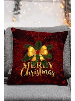 Woodhub Yılbaşı Temalı Kırmızı Sarı Renkli Kurdele Desenli Merry Christmas Dijital Baskılı Kırlent Kılıfı