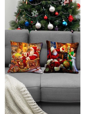Woodhub Yılbaşı Temalı Noel Baba Desen Kırmızı Sarı Dijital Baskılı Dekoratif Süs 2li Kırlent Yastık Kılıfı