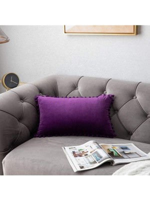 Woodhub Mor Minik Ponponlu Dikdörtgen Kırlent Kılıfı ,Yumuşak Dokulu , 1 Adet 30 X 50 Cm