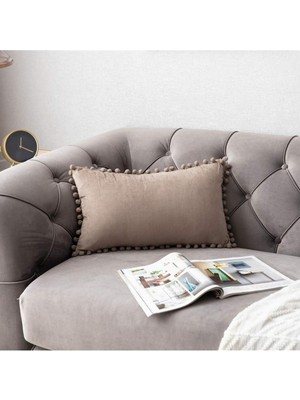 Woodhub Bej Minik Ponponlu Dikdörtgen Kırlent Kılıfı ,Yumuşak Dokulu , 1 Adet 30 X 50 Cm