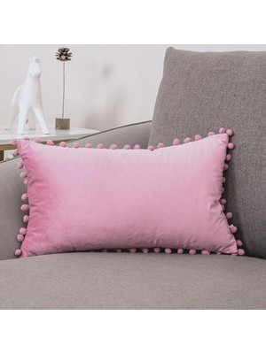 Woodhub Pudra Pembe Minik Ponponlu Dikdörtgen Kırlent Kılıfı ,Yumuşak Dokulu , 1 Adet 30 X 50 Cm